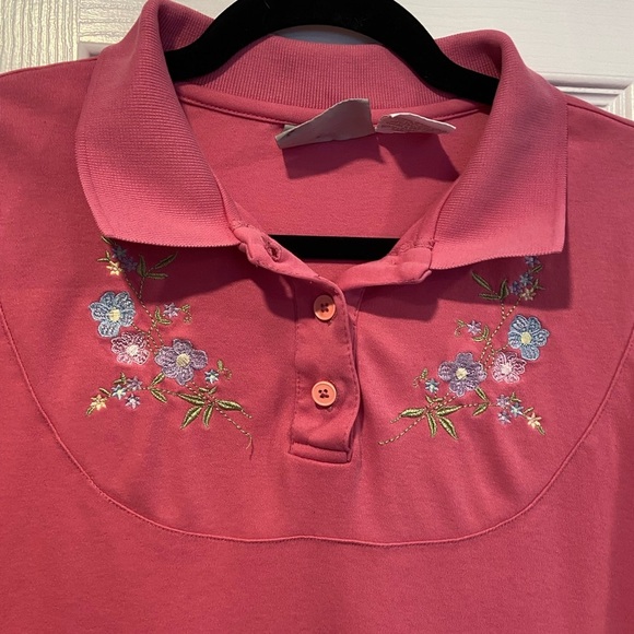 VTG Blair Size L Pink Floral Embroidered Short Sleeve Polo Shirt Ribbed Waist - Picture 2 of 10